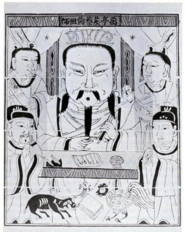 Estampa tradicional posterior que representa a Cai Lun como patrono de la fabricación de papel